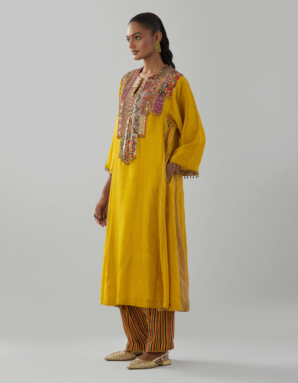 Mustard Boho Yoke Kurta with Straight Pants
