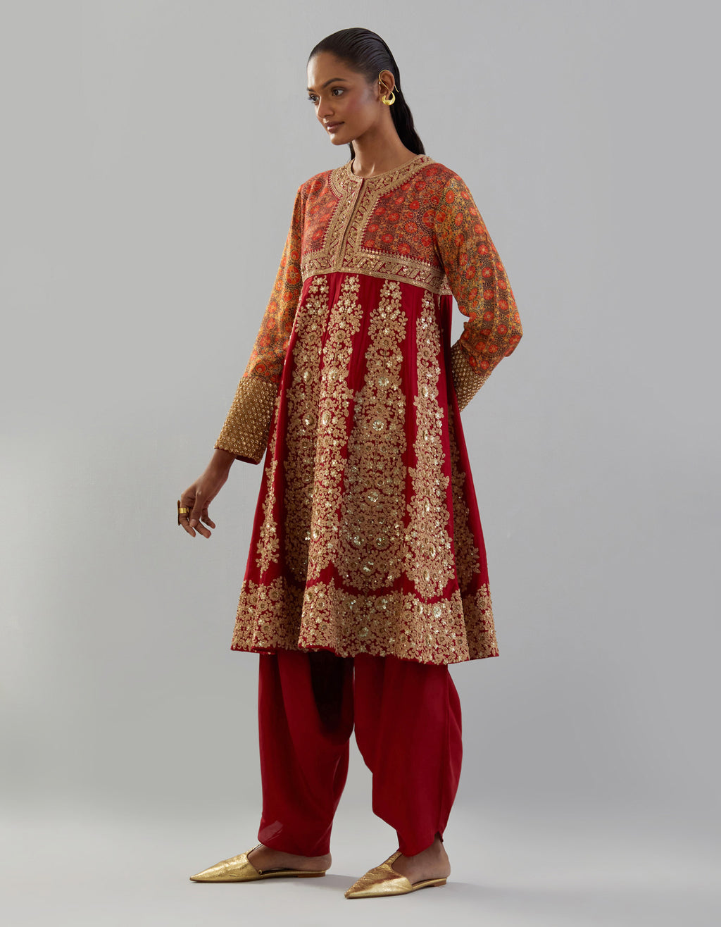 Maroon Saira Pitta Frock Kurta with Pleated Pants