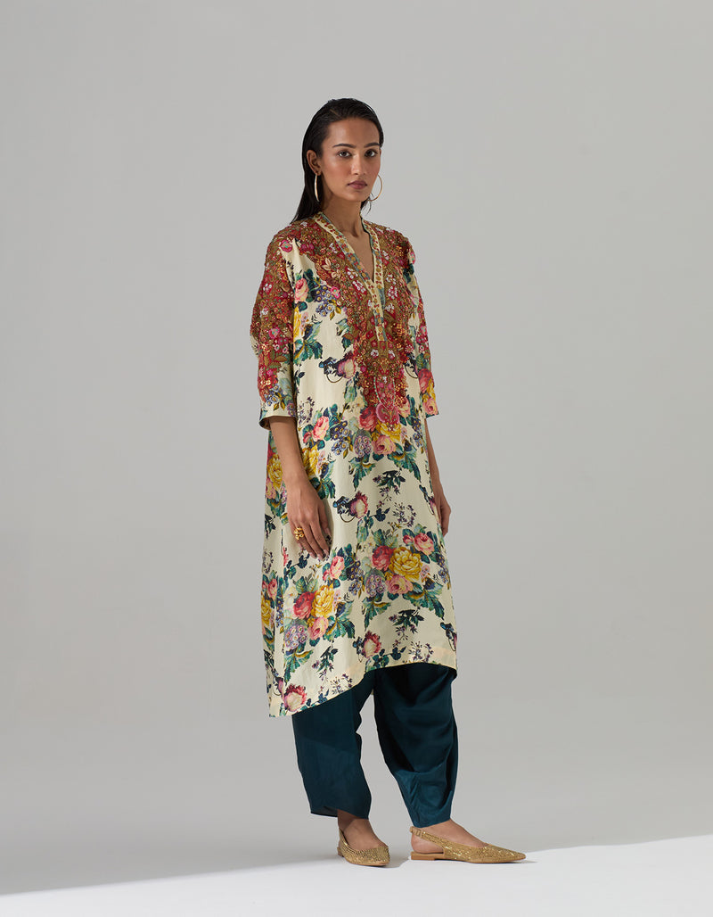 Ivory Printed Kurta and Navy Tulip Pants Set