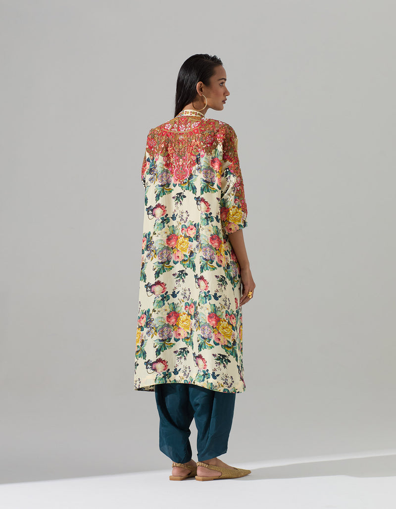 Ivory Printed Kurta and Navy Tulip Pants Set