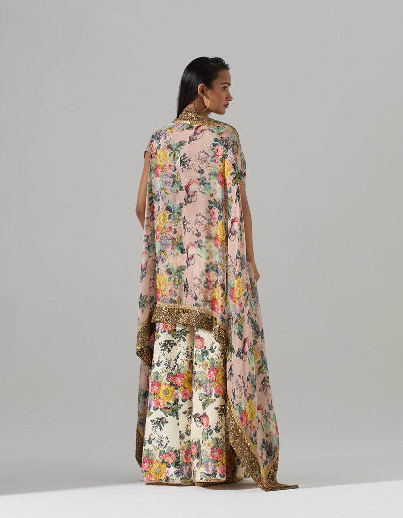 Ivory Printed Sharara Set with a Sequined Top and a Cape