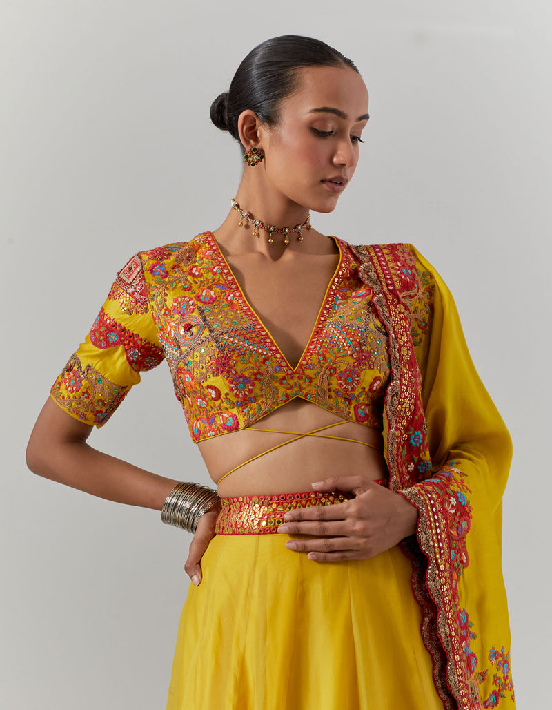 Mustard Lehenga With Organza Jaal And Tikari Embroidered With Blouse And Dupatta Set