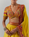 Mustard Lehenga With Organza Jaal And Tikari Embroidered With Blouse And Dupatta Set