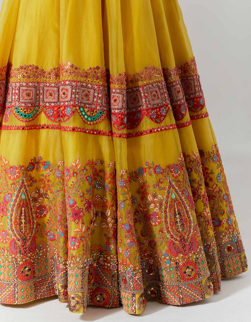 Mustard Lehenga With Organza Jaal And Tikari Embroidered With Blouse And Dupatta Set
