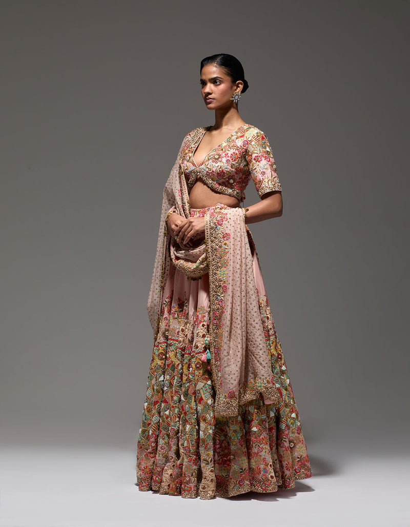 Powder Pink Satranj Boho Lehenga With Blouse And Dupatta