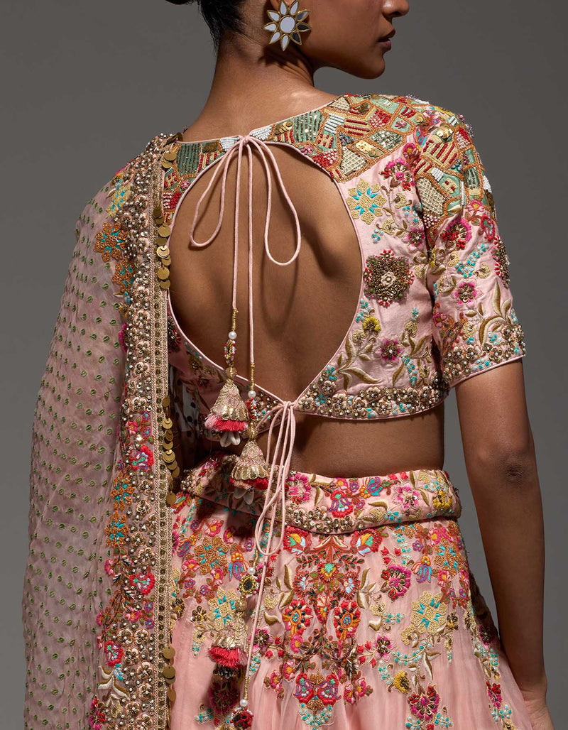 Powder Pink Satranj Boho Lehenga With Blouse And Dupatta