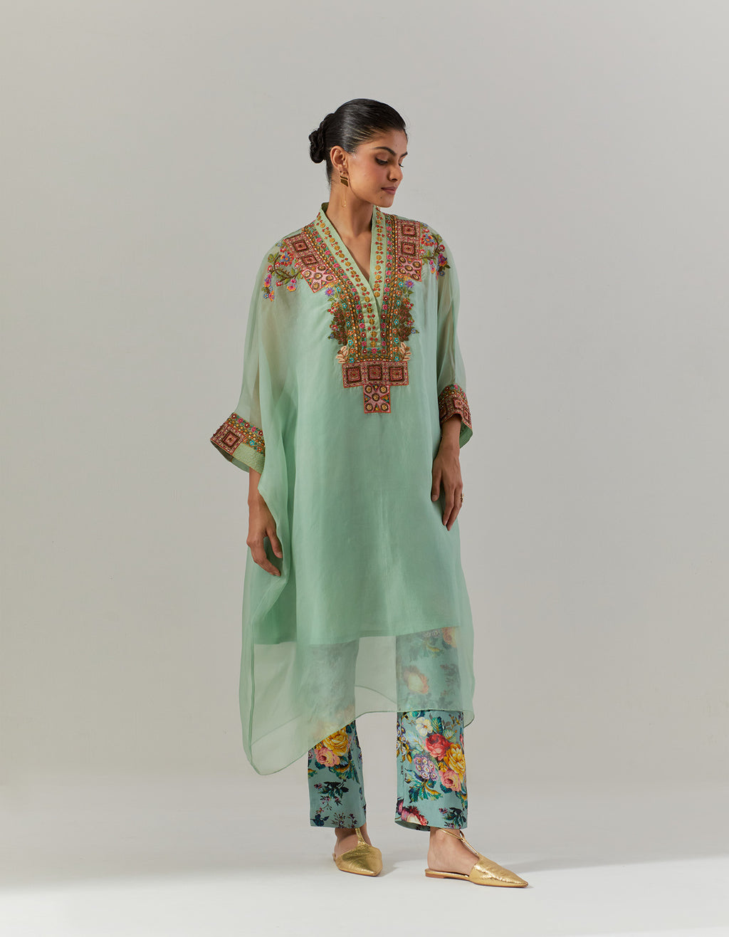 Blue Organza Tikari Kaftani Kurta