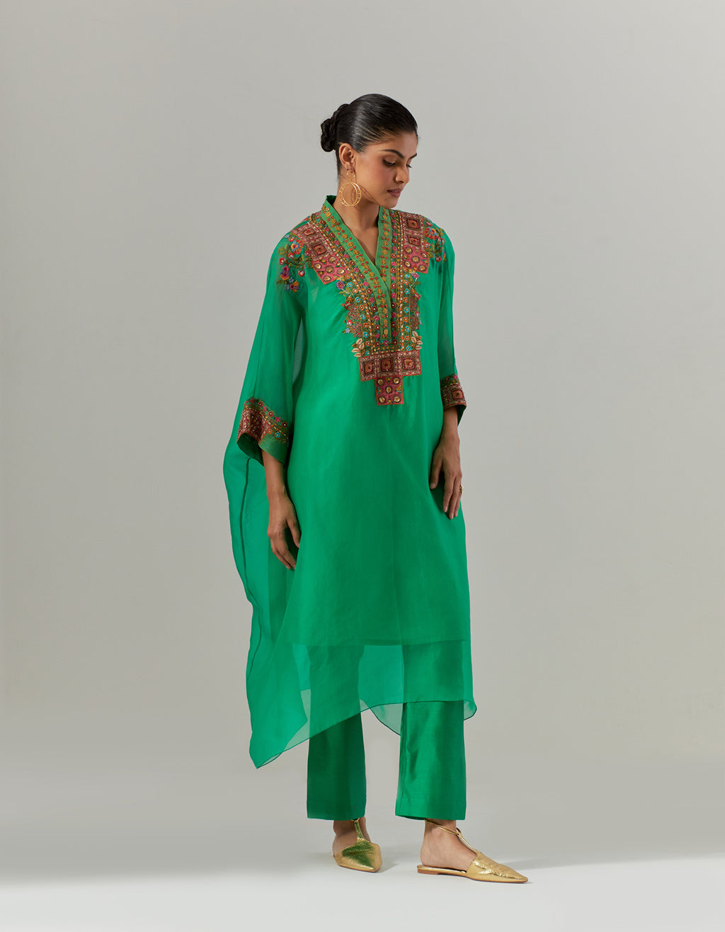 Green Organza Tikari Kaftani Kurta