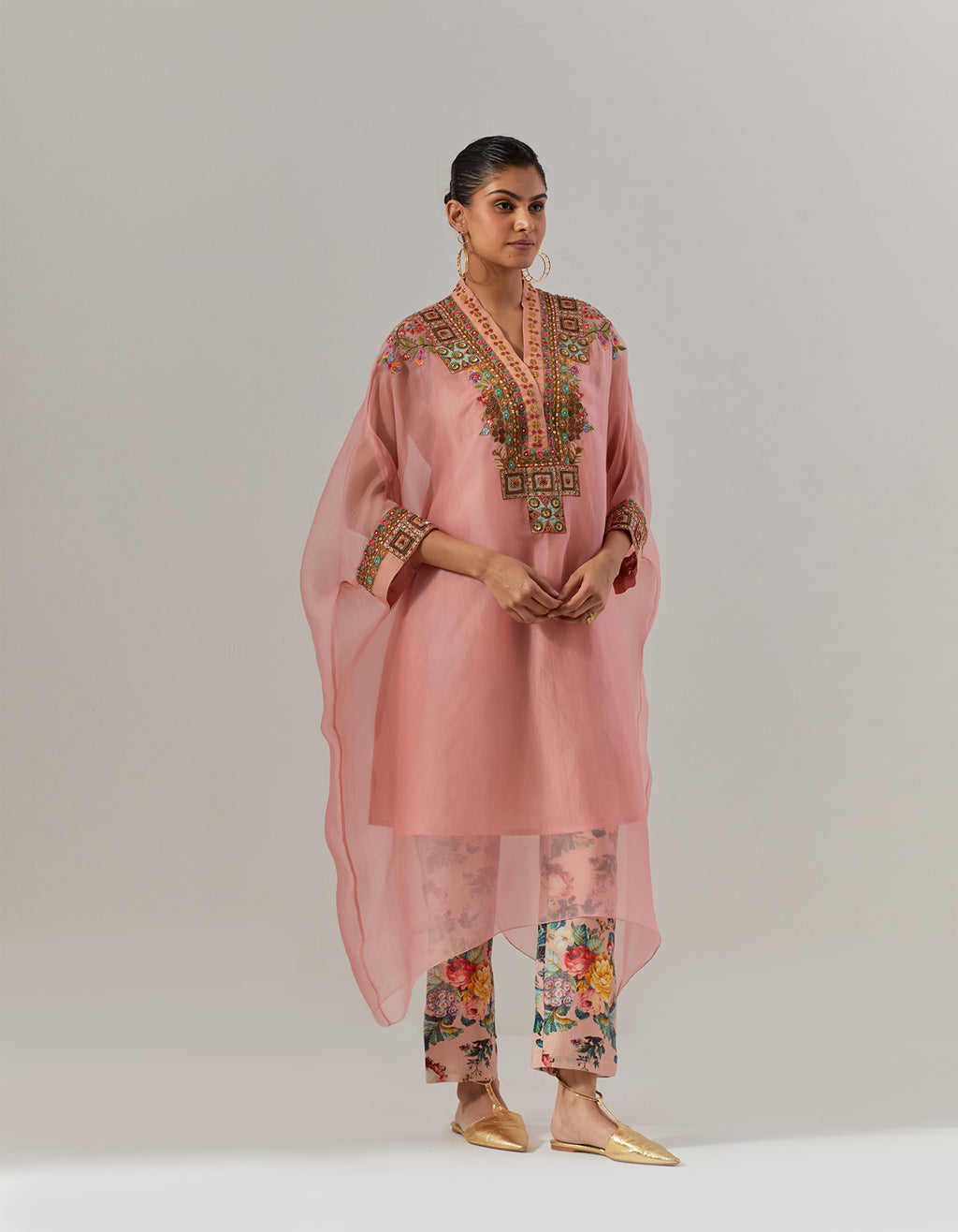 Pink Organza Tikari Kaftani Kurta