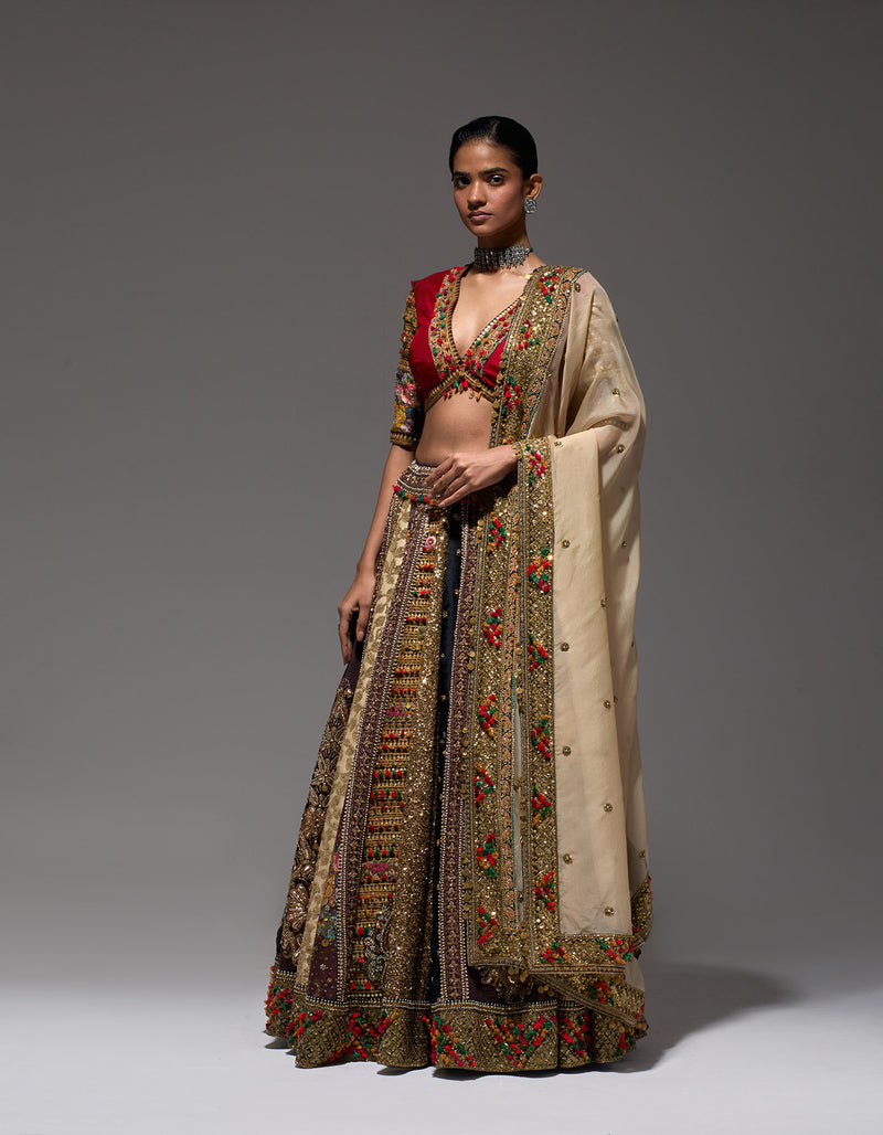 Maroon And Brown Shimi Shimi Akashtara Lehenga with 24 Kalis – Debyani