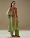 Pista Green Farha Kurta Set with Red Abstract Bib