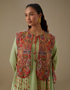 Pista Green Farha Kurta Set with Red Abstract Bib
