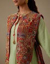 Pista Green Farha Kurta Set with Red Abstract Bib