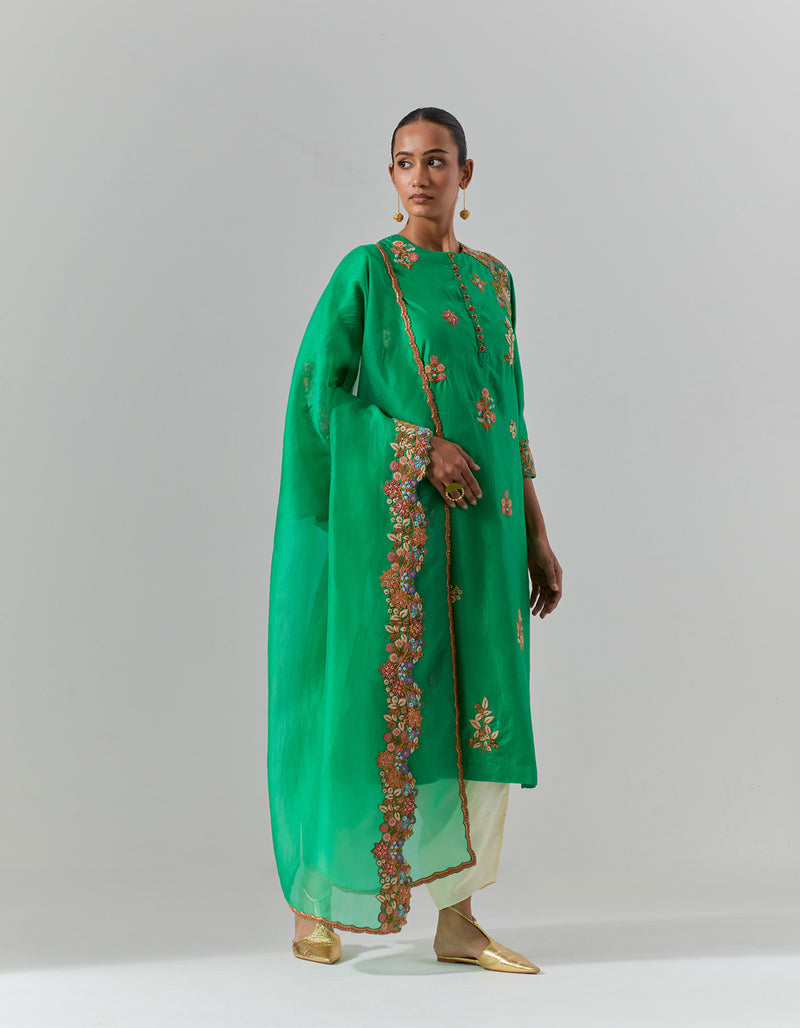 Green Rangoli Kurta With Dupatta And Pant Set