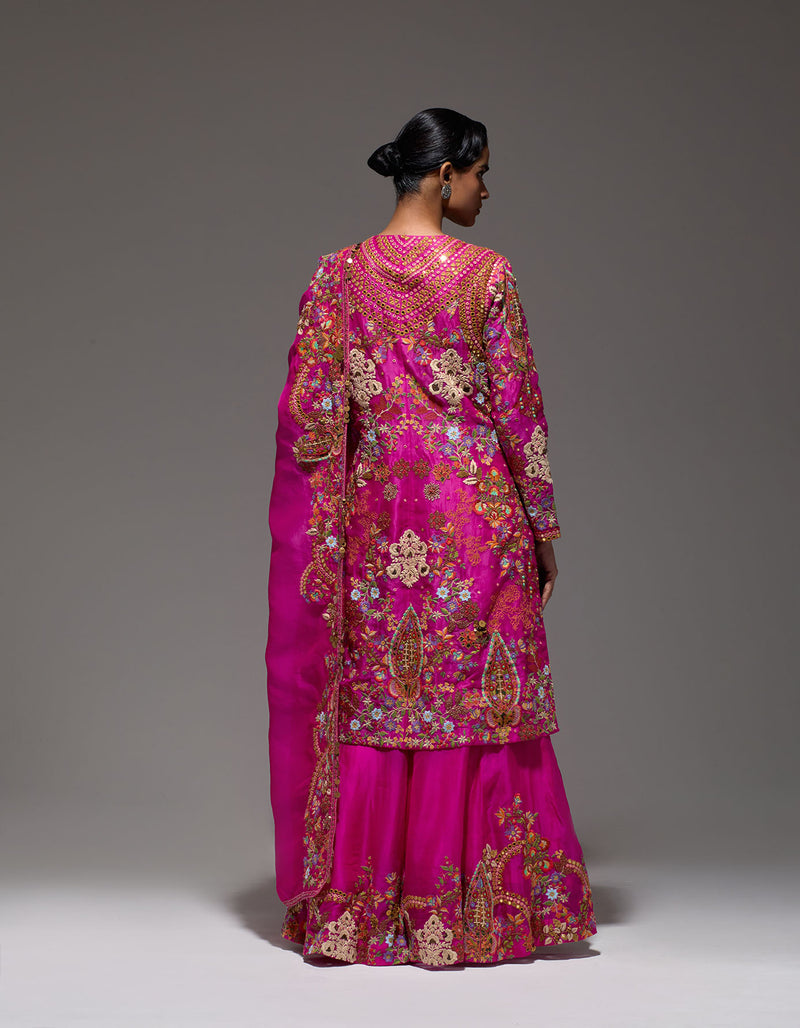 Magenta Heavy Paisly Emb. Sharara With Organza Polash Short Jactet Wit Dupatta