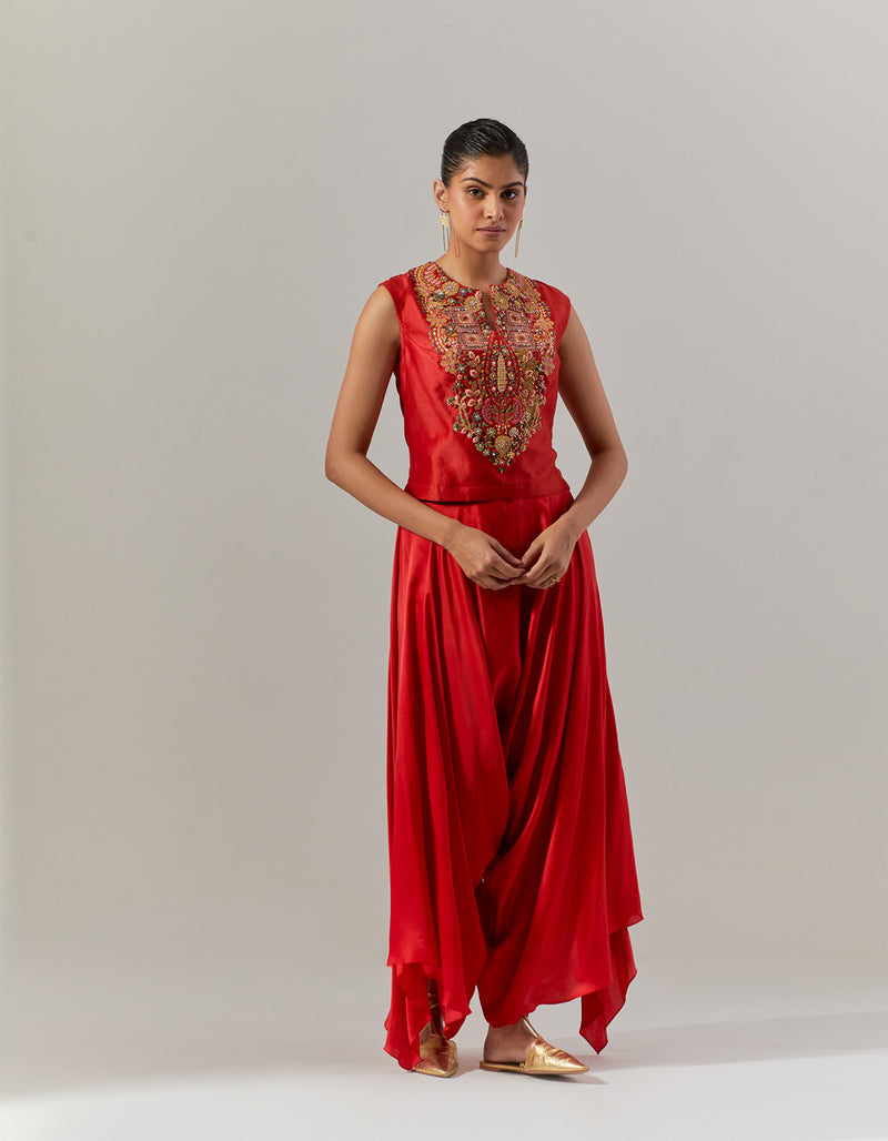 Red Ali Top With Cape And Mirror Belt Flair Pant