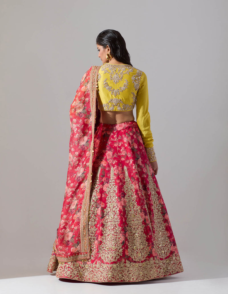 Red Printed Lehenga Set with Heavy Embroidery