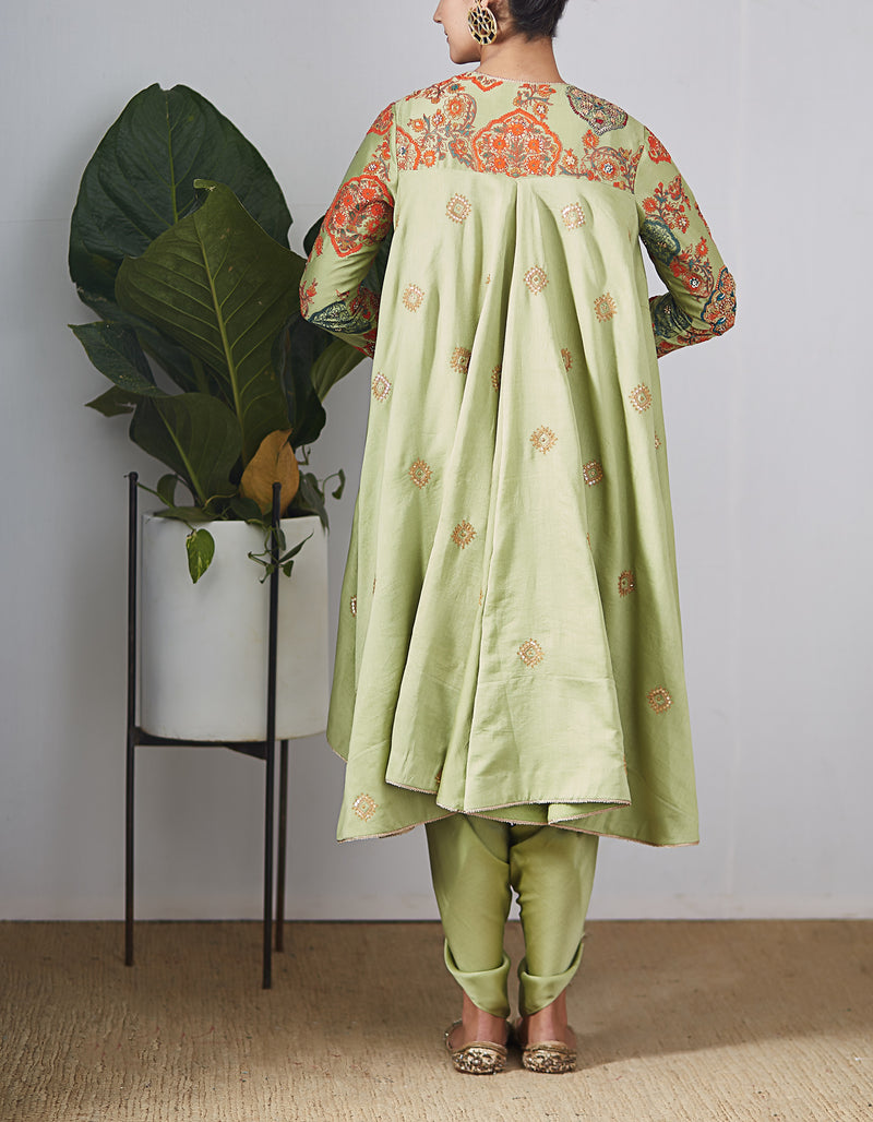 Green Chanderi Embroidered Jacket Set