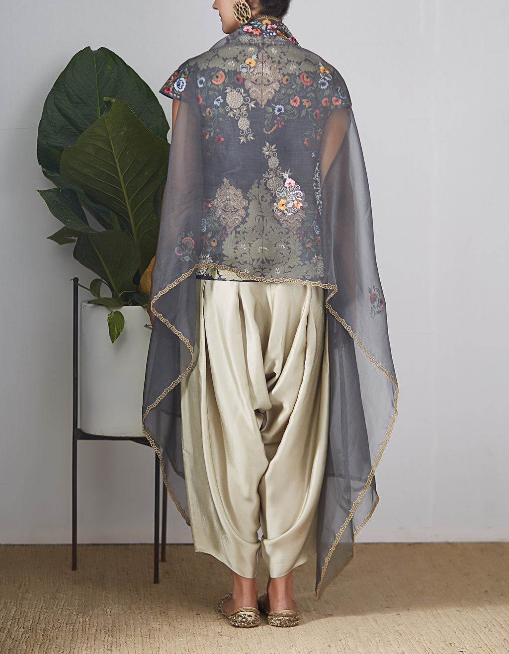 Grey with Multi Color Embroidered Jacket Set
