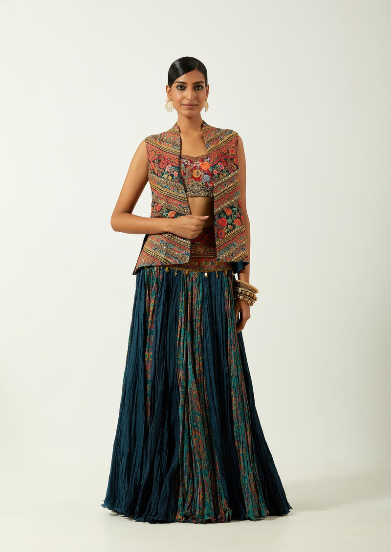 Blue Chanderi Jacket With Skirt Set