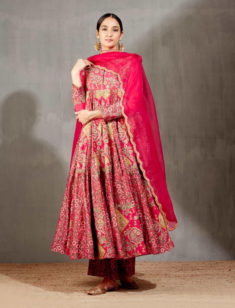 Magenta Kalidaar and Palazzo Set with Embroidery