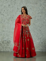 Red Raw Silk Jacket With  Organza Skirt Set