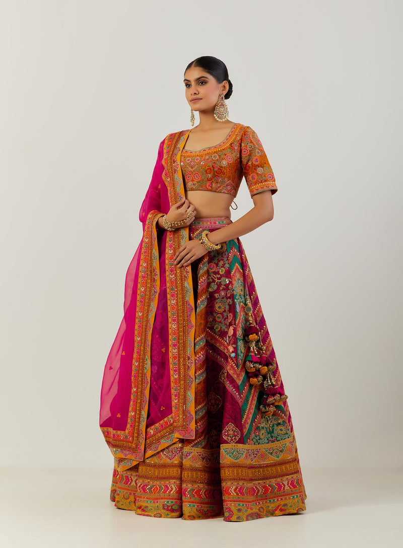 Multi Colour Zig Zag Lehenga With Blouse And Dupatta