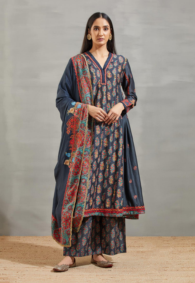 Blue Buti Print Side Gather Kurta Set