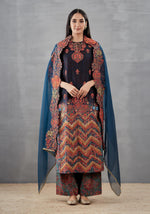 Ombre Zig Zag Kurta with Mughal Print Palazzo and Organza Dupatta in Blue