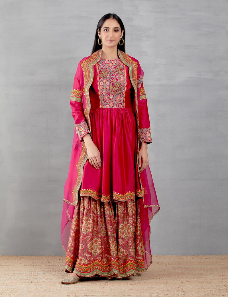 Magenta Long Peplum Top With Sharara And Duptta