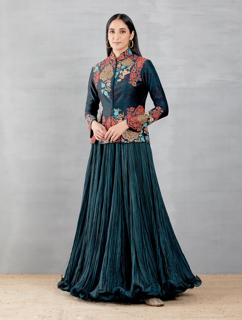 Blue Anar Mughal Jacket With Krinkal Skirt