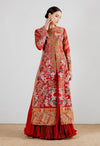 Red Mughal Print Long Jacket With Tamba And Thread Work With Crushed Sharara