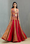 Magenta Chanderi & Orange Mughal Print Crinkle Skirt With Embroidered Jacket And Orange Print Bustier