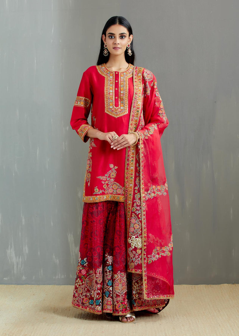 Red Printed Organza Mughal Altaf Sharara with Kurti & Organza Dupatta