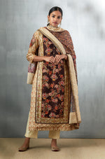 Brown Embroidered Straight Kurta with Palazzo and Dupatta