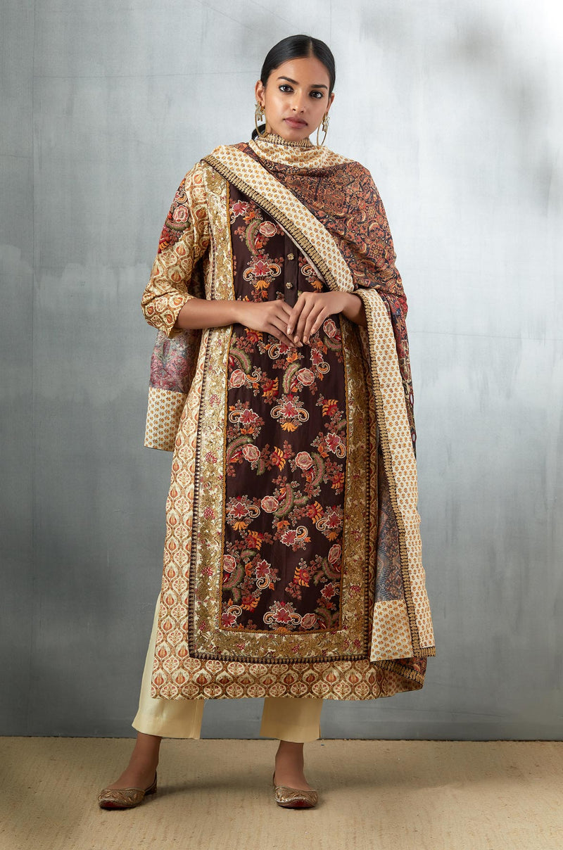 Brown Embroidered Straight Kurta with Palazzo and Dupatta