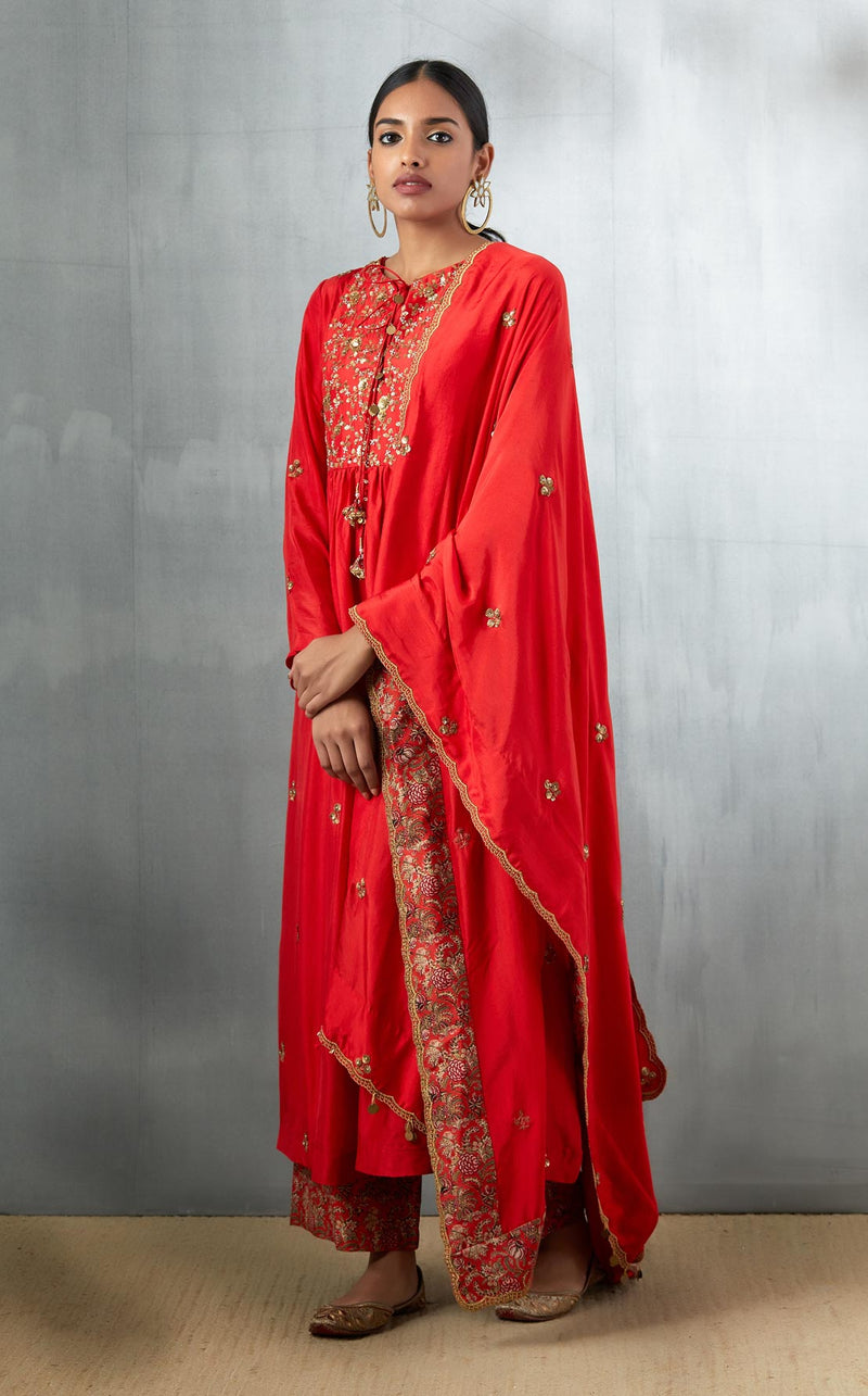 Red Long Embroidered Kurta with Dupatta and Palazzo
