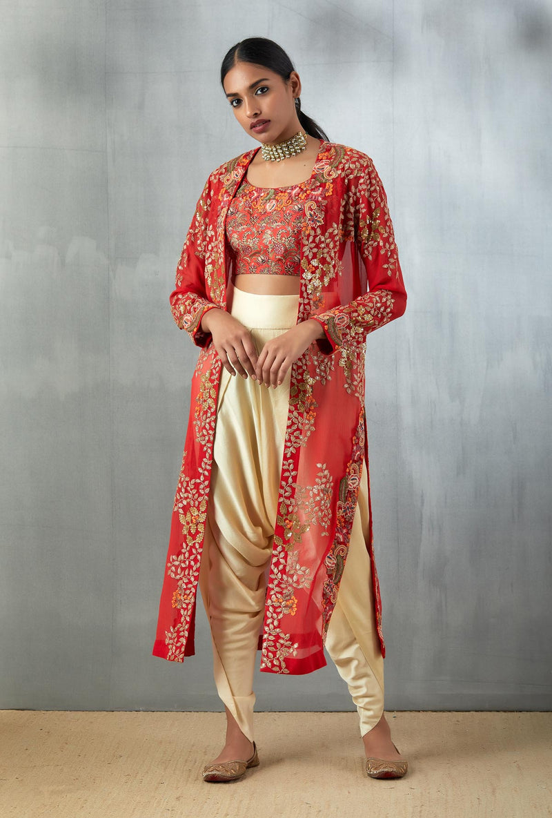 Red Long Embroidered Jacket with Dhoti Pant
