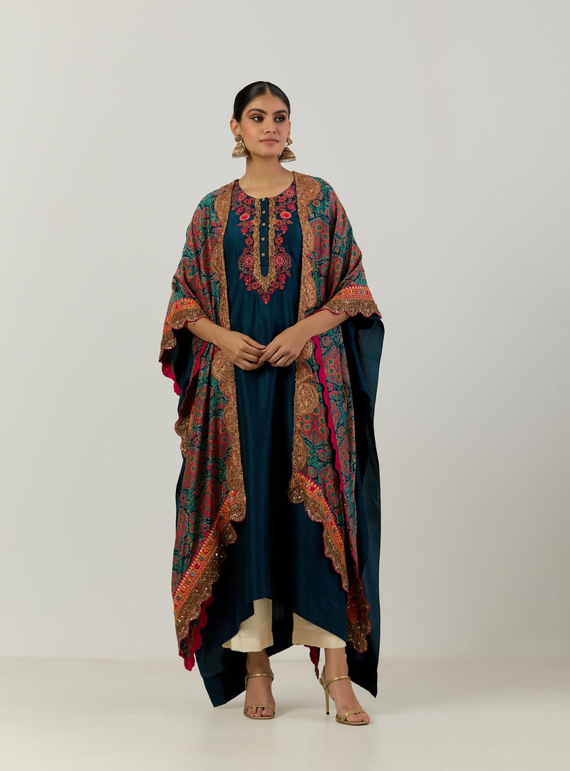 Blue Mughal Print Cape And Tamba Kaftan