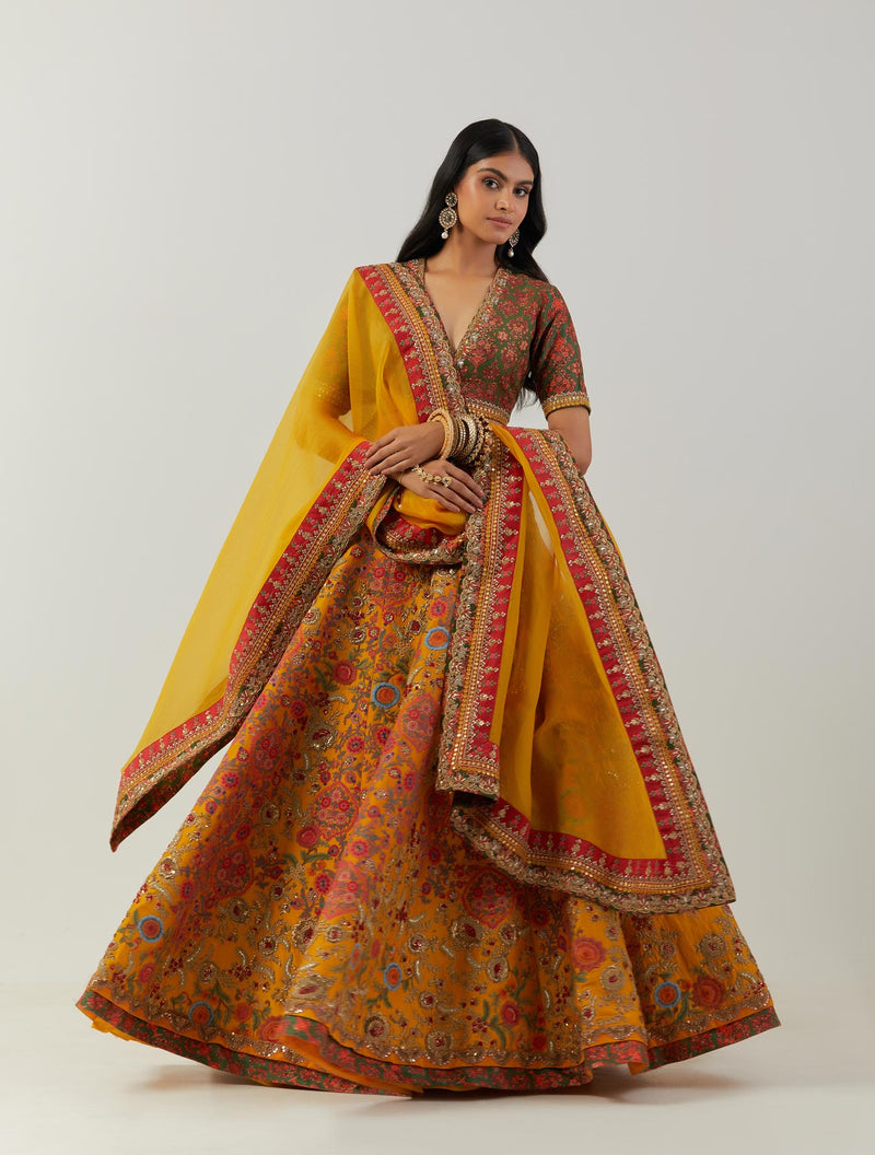 Mustard Sun Flower Lehenga With Blouse And Dupatta