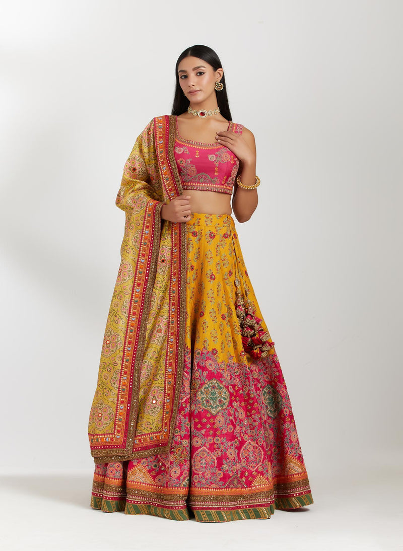 Magenta And Yellow Chanderi Lehenga Set
