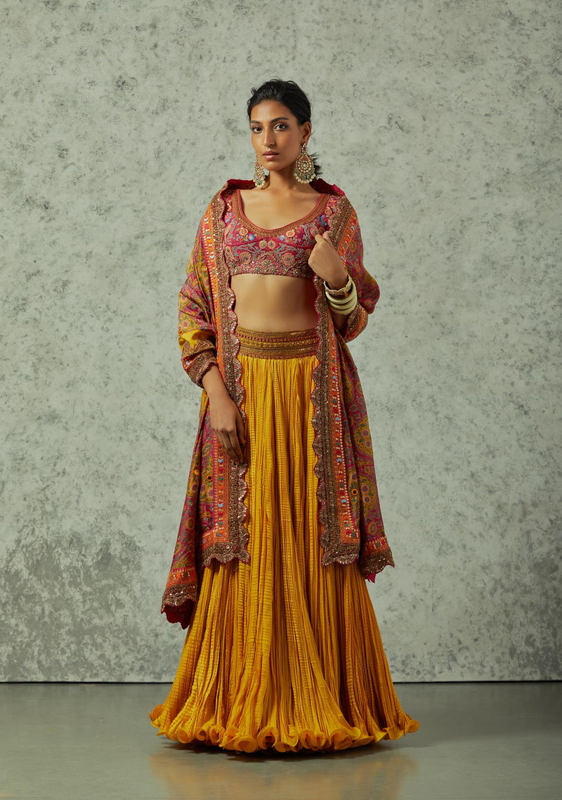 Mustard crinkled skirt with a dupatta and blouse