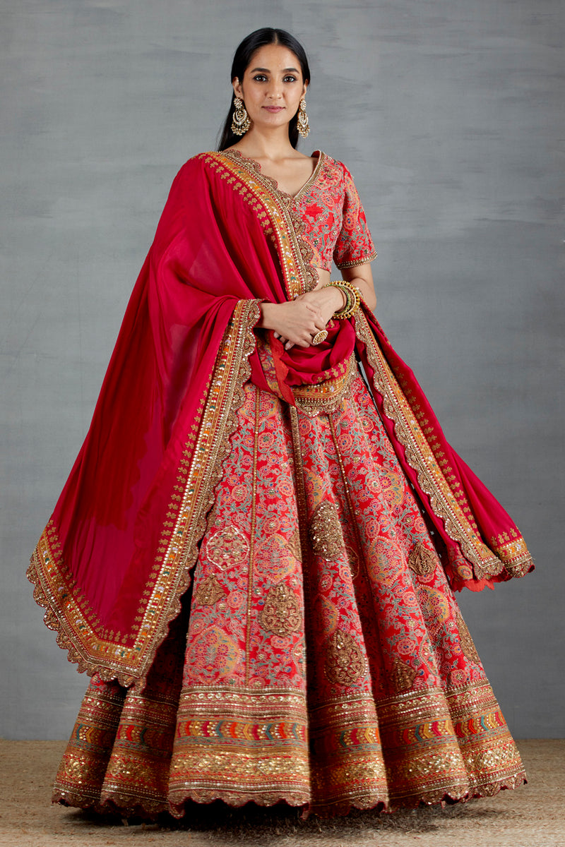 Red Lehenga In Raw Silk