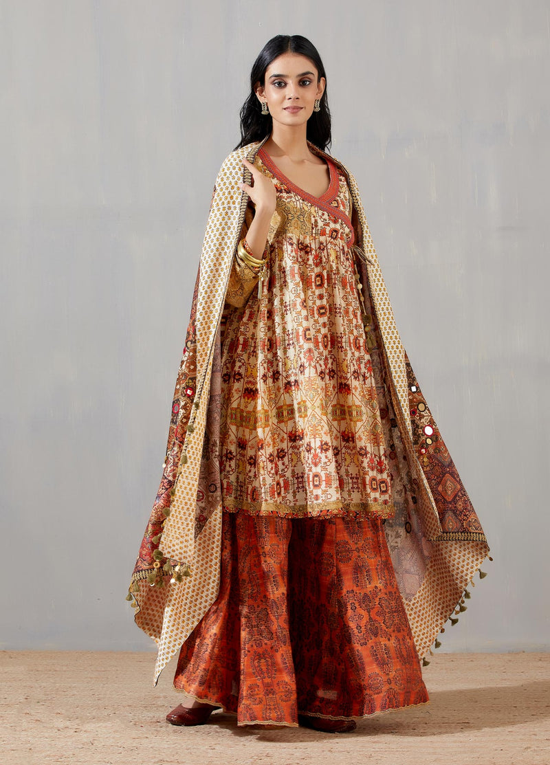 Nergis Angrakha Frock Dress With Orange Print Dupatta