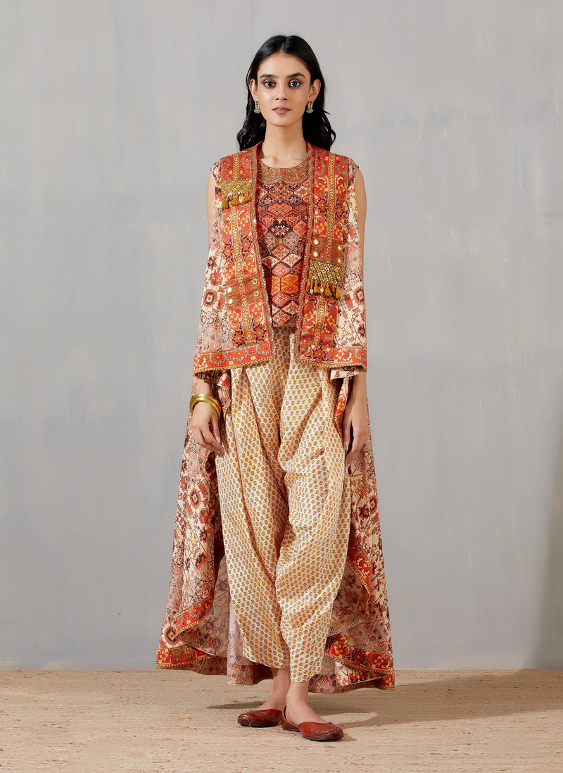 Nergis High-Low Jacket With Daimond Barfi Top And Silk Asma Flower Print Pleat Salwar