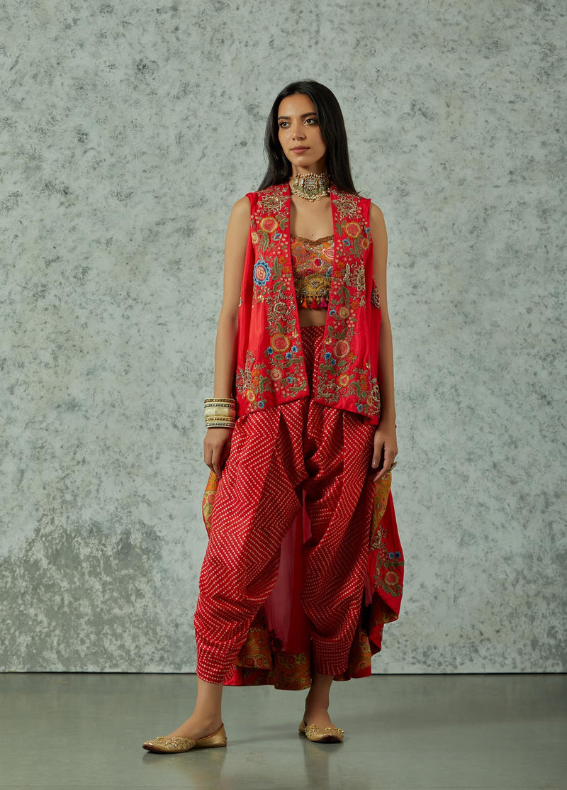 Red Silk Highlow Cape With Dhoti Set