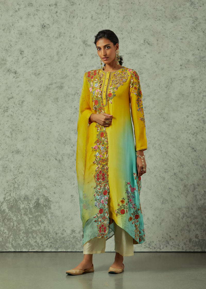 Mustard and Feroza Shaded Kurta with Palazzo Set
