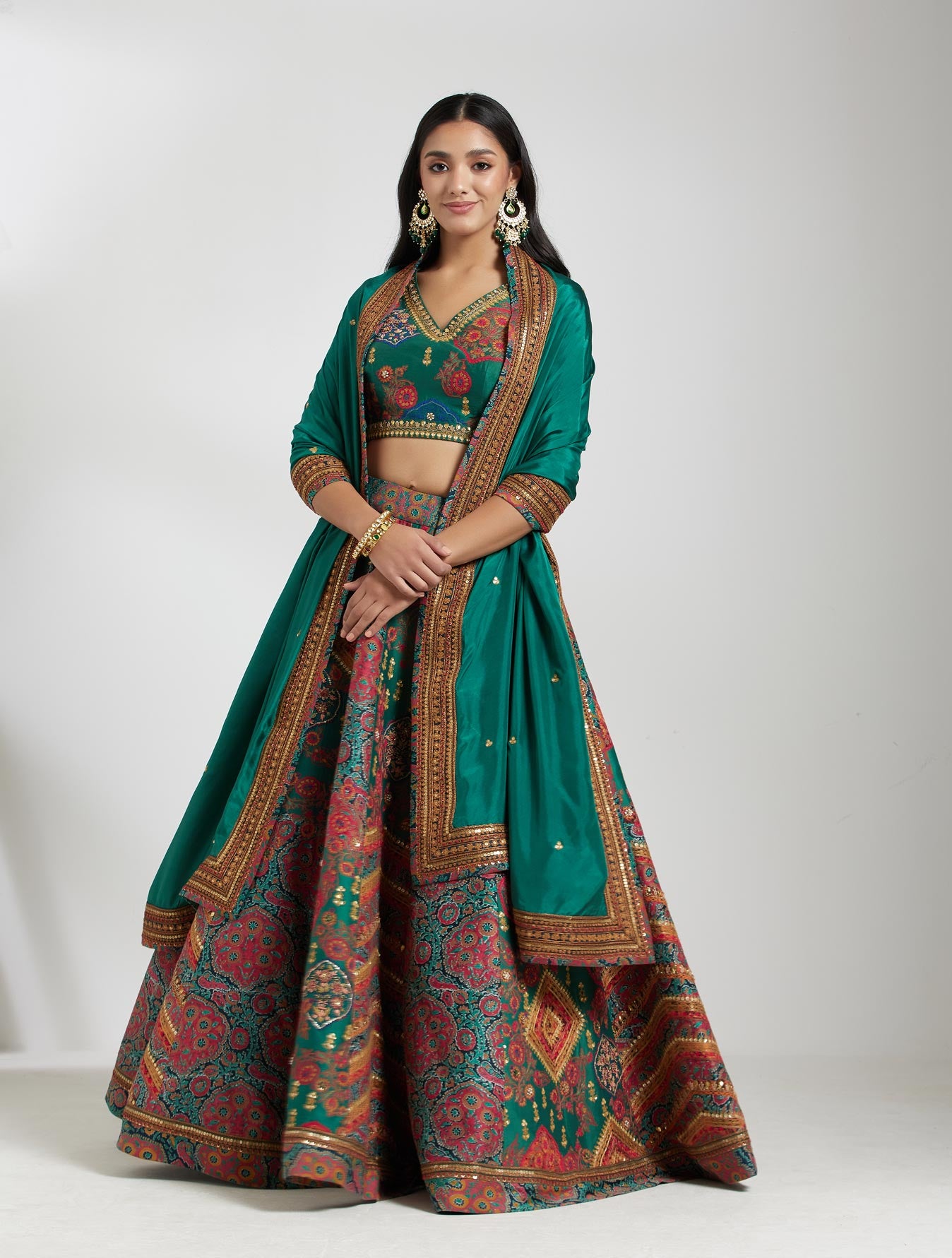 Chanderi Green Embroidered Lehenga Set - Main Image