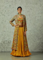Mustard crinkled skirt with a heavy embroidered jacket set