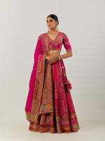 Magenta and Red Brocade Multi Pannel Lehenga With Blouse And Dupatta